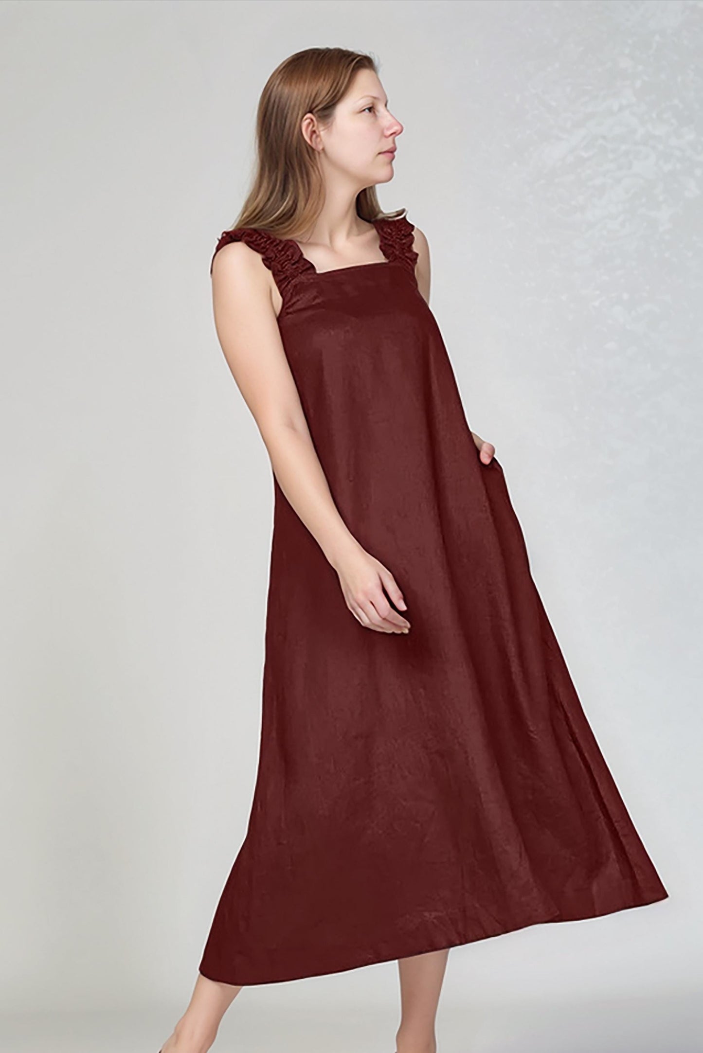 Linen Maxi Dress with Ruffle Straps, Summer Sleeveless Sundress, Loose Fit, Women's Casual Boho Style | SKU.25T15T3B