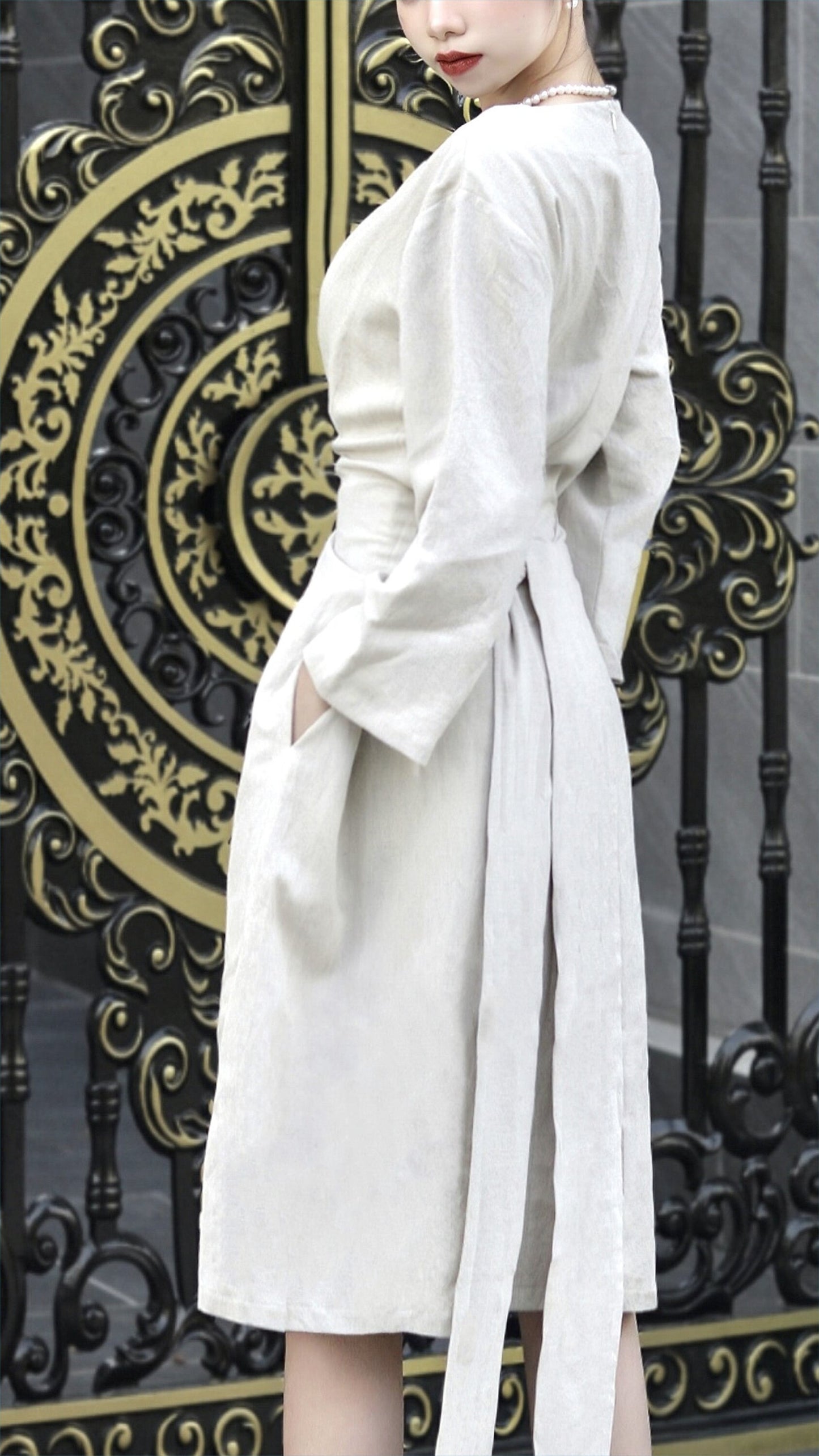 Chic Linen Midi Dress with 3/4 Sleeves, V-neck, and Customizable Features - Elevate Your Style with Personalizable Fashion | SKU.003