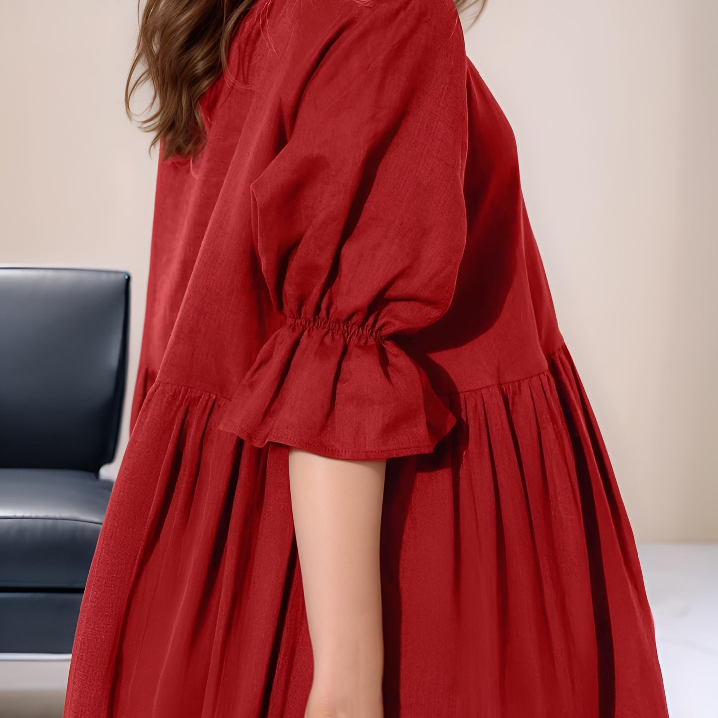 Rust Red Linen Dress – Loose Fit Midi Dress, Long Sleeve Casual Dress, Boho Chic Summer Dress | SKU.25T09T7B