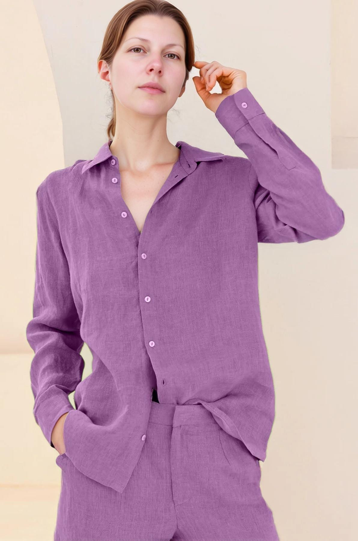 Relaxed Fit Linen Shirt - Long Sleeve Lightweight Button Down Blouse for Women, Soft Washed Linen Summer Top | SKU.25T22T3H