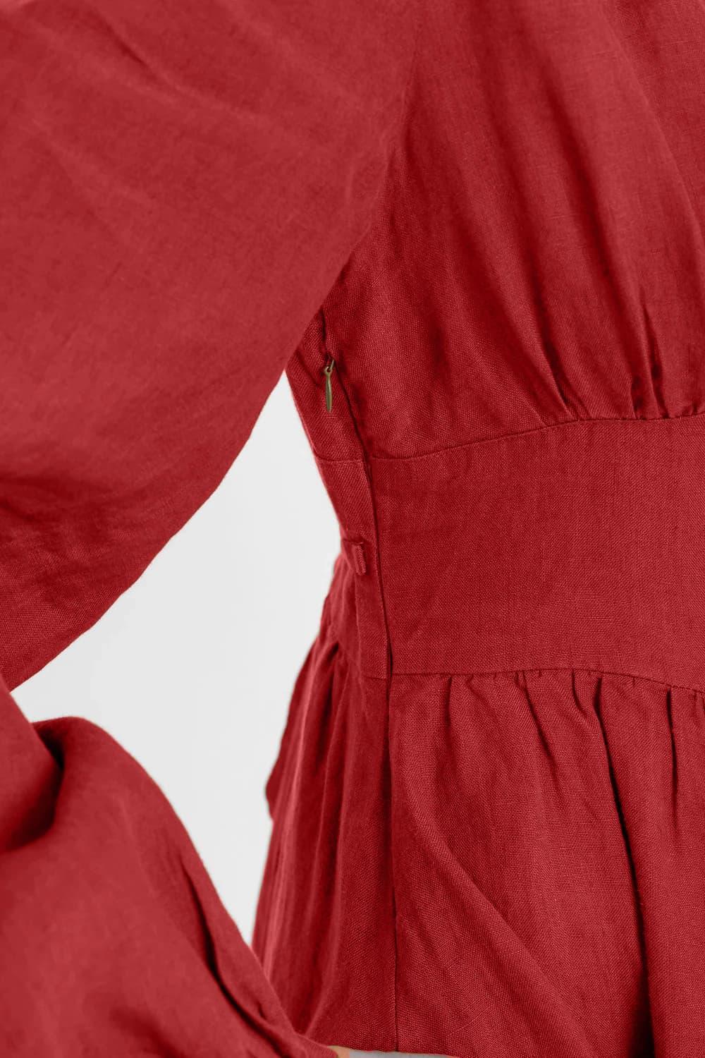 Rust Red Linen Midi Dress – V-Neck Vintage-Inspired Long Sleeve A-Line Dress | SKU.25T10T2C