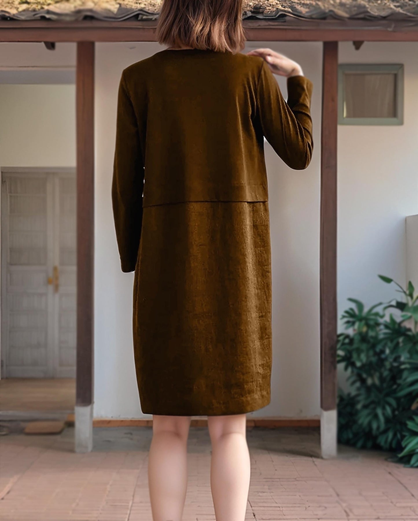 Linen Long Sleeve Shift Dress, Relaxed Fit, Pockets, Minimalist Fall Style, Brown Velvet, Casual Winter Dress | SKU.25T14T7G