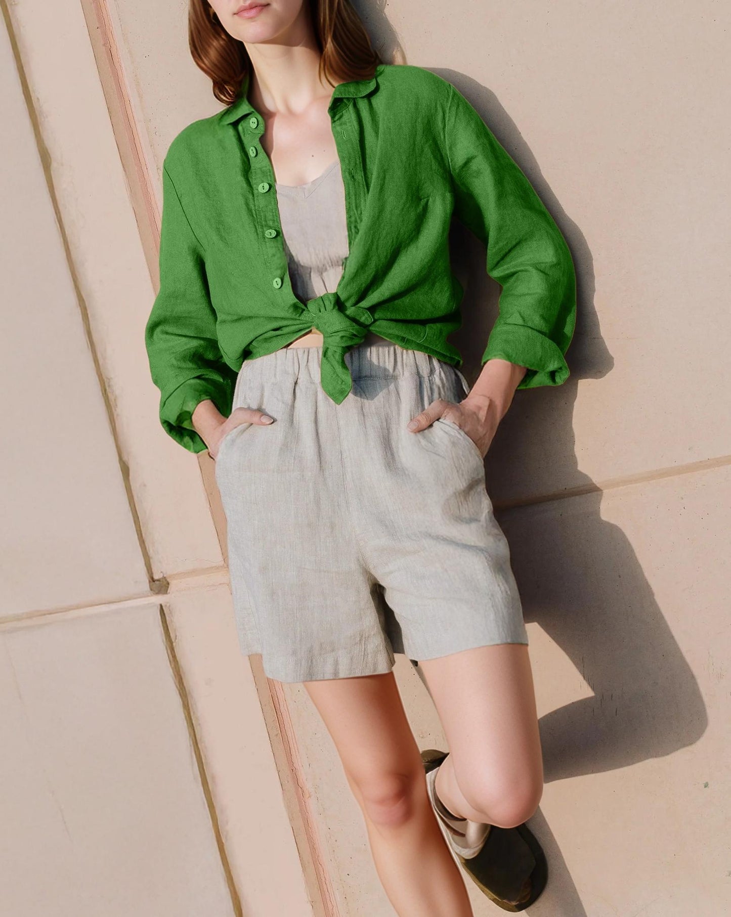 High Rise Linen Shorts for Women - Casual A-Line Summer Shorts with Pockets, Elastic Waistband, Lightweight | SKU.25T22T3G