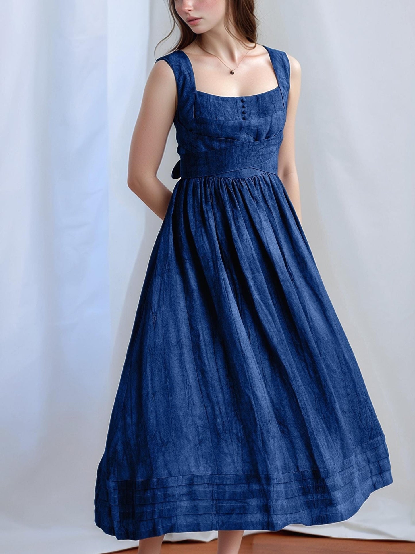 Linen Midi Dress, Square Neckline, Cross-Back Tie, Vintage Summer Boho Style, Custom Size Option | SKU.25T14T6K
