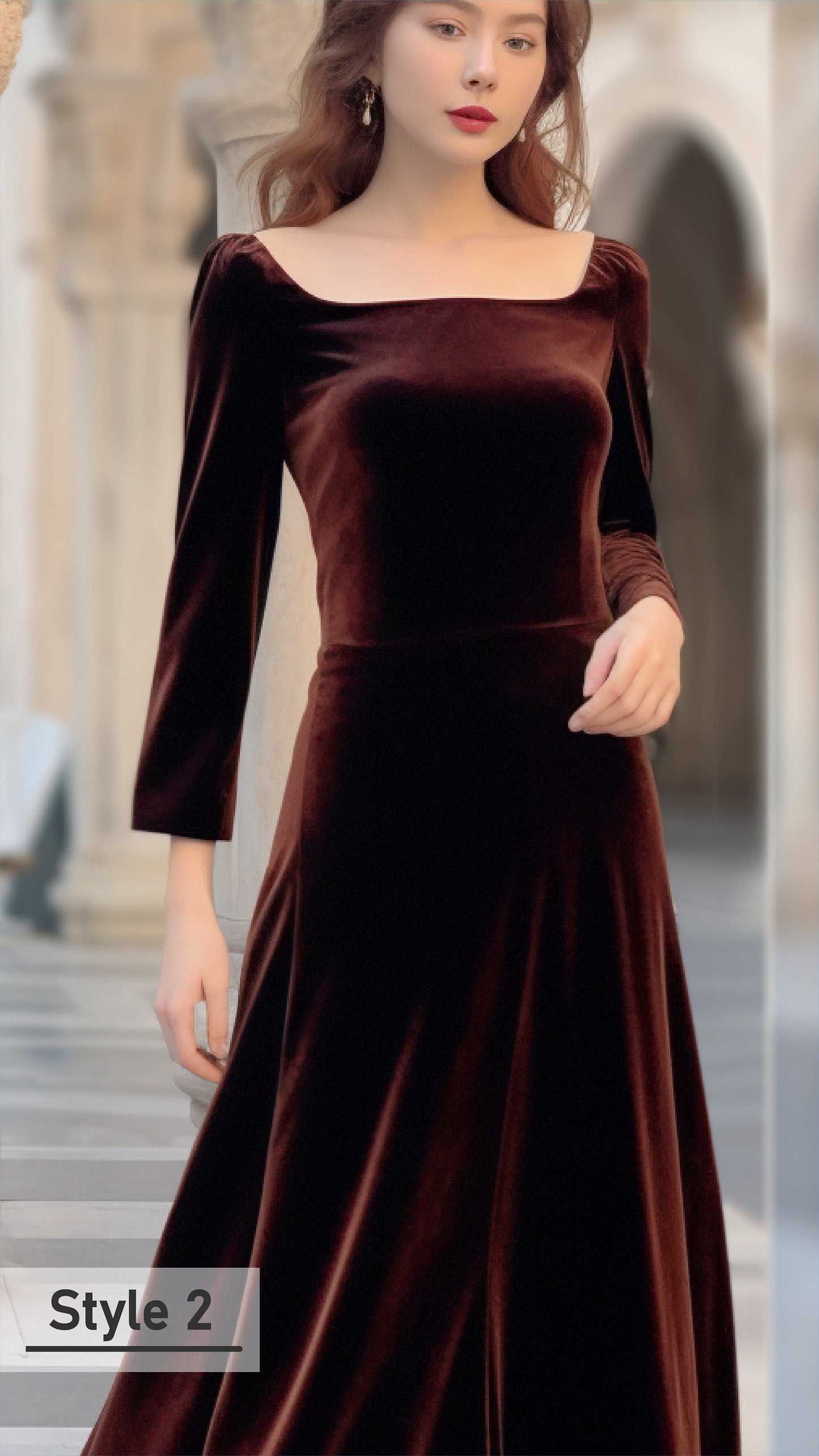 Elegant Velvet Maxi Dress, Square Neck, Full Fitted Sleeves, Closed Back - Perfect for Bridesmaids or Evening Affairs - Tailor to Your Style