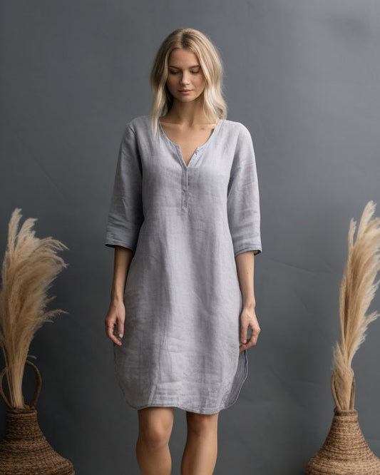 Versatile Linen Dress with Pockets | Split Neck and 3/4 Sleeves | Stylish Linen Shift Dress