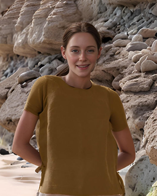 Mustard Linen Blouse – Women’s Short Sleeve Minimalist Top, Casual Loose Fit Summer Shirt | SKU.25T10T2H
