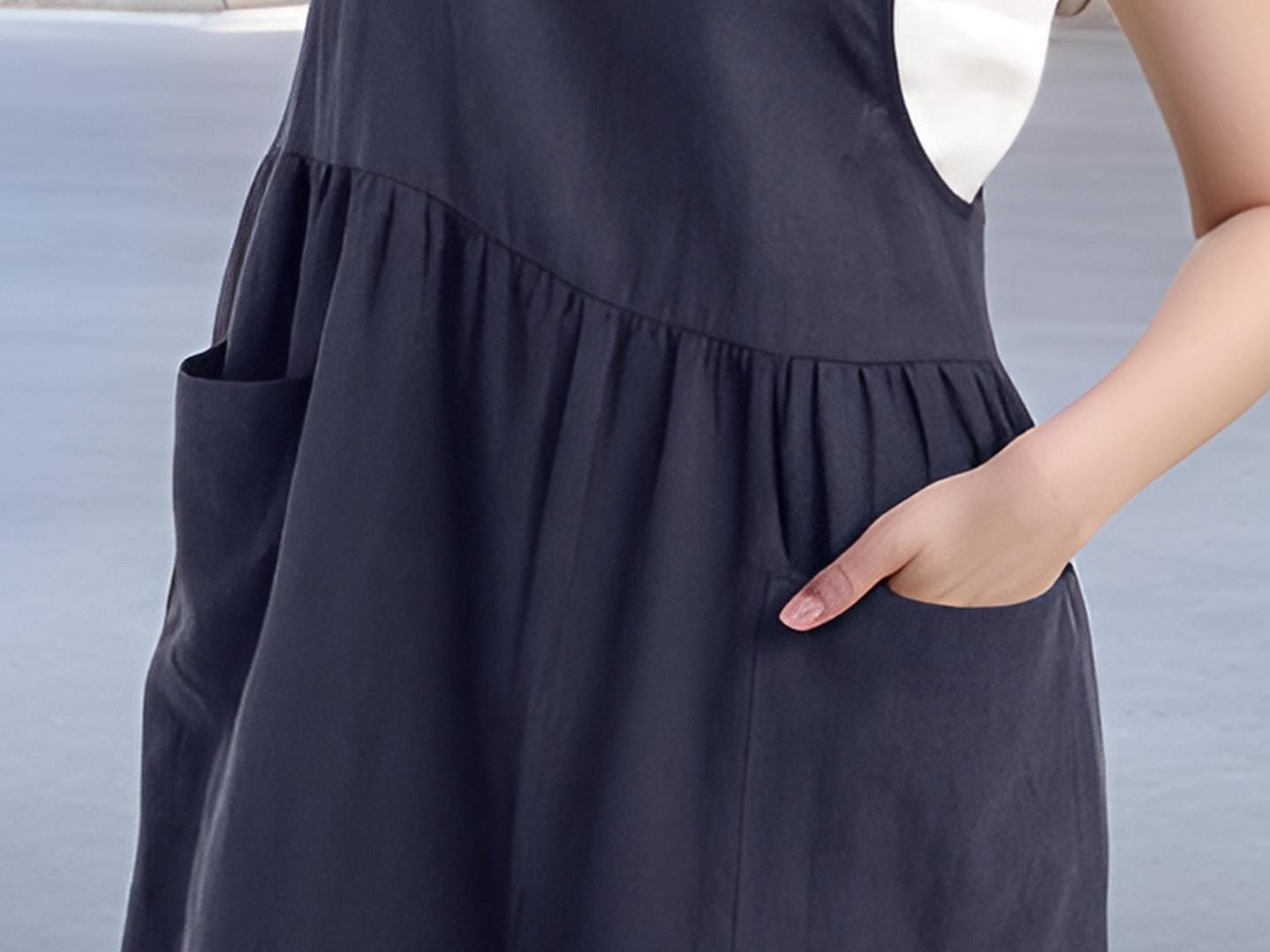 Timeless Navy Blue Linen Pinafore Dress – Casual & Chic with Pockets | SKU.25T09T6C