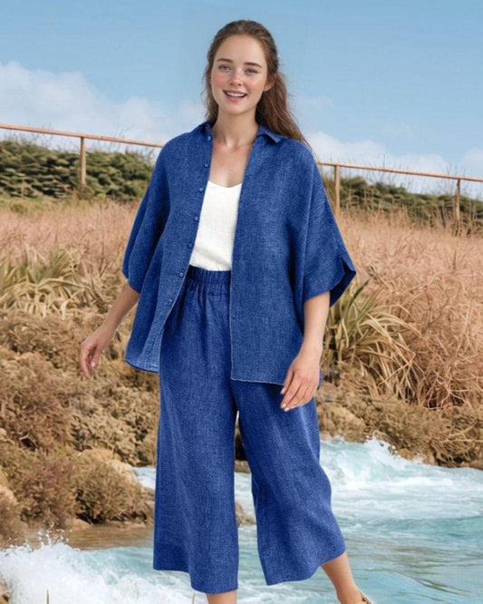 Custom Relaxed Linen Blend Two-Piece Set – Lightweight Elastic Waist Wide Leg Pants & Button Down Top | SKU.25T14T4D