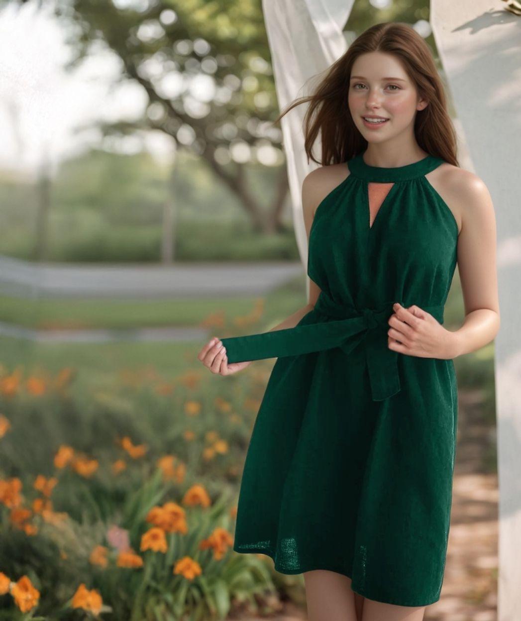 Custom Halter Neck Linen Blend Dress - Sleeveless Summer Sundress with Waist Tie for Parties & Vacations | SKU.25T14T4C