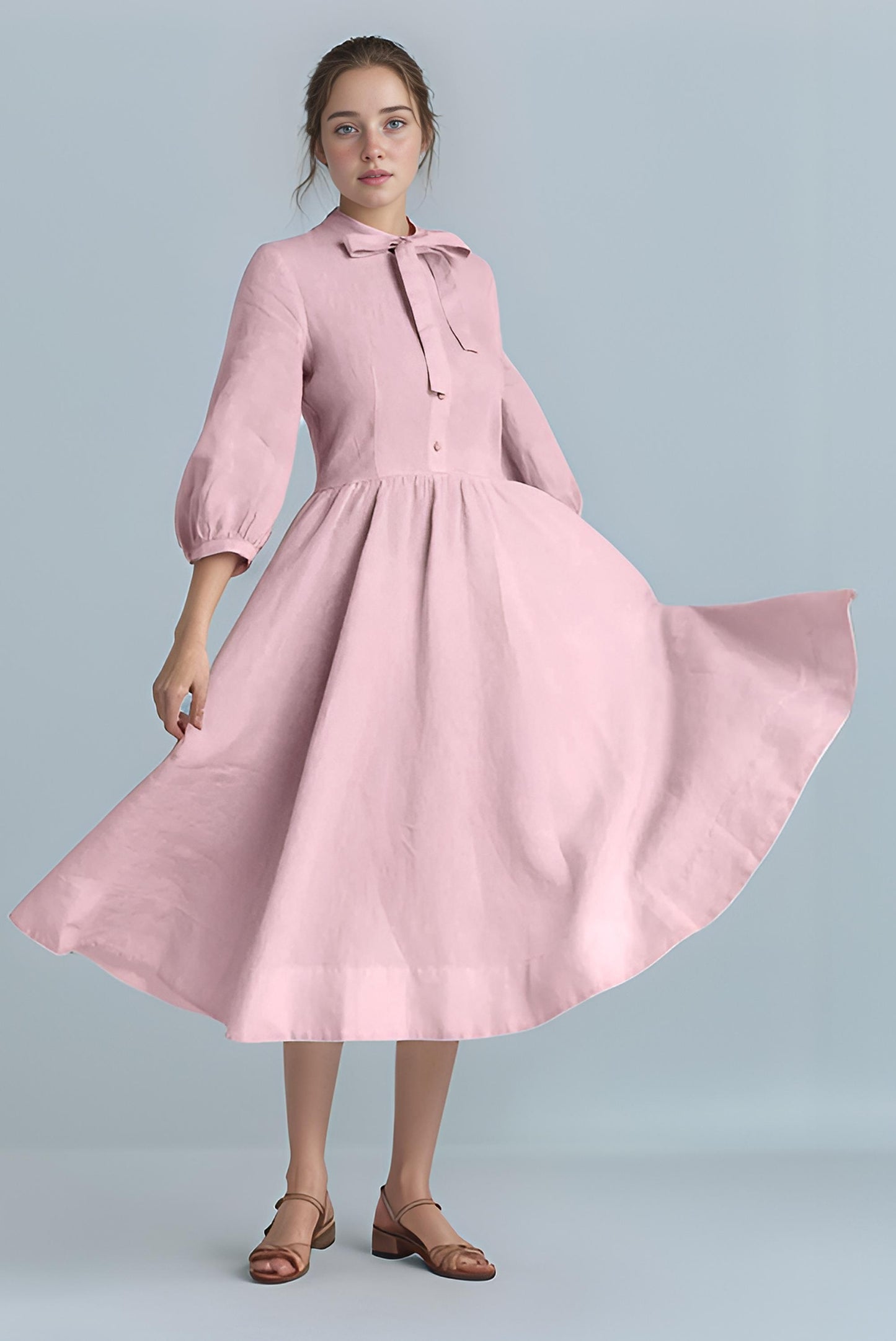 Vintage Blush Pink Linen Dress – Long Sleeve Midi Dress with Bow Tie Neck | SKU.25T11T5A
