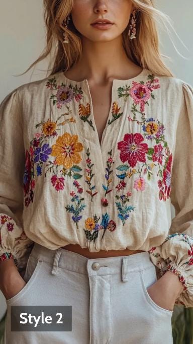 Floral Embroidered Blouse, European Chic Linen Top, Neo-Classical Boho Beige Blouse with a Touch of Allure | 241026C