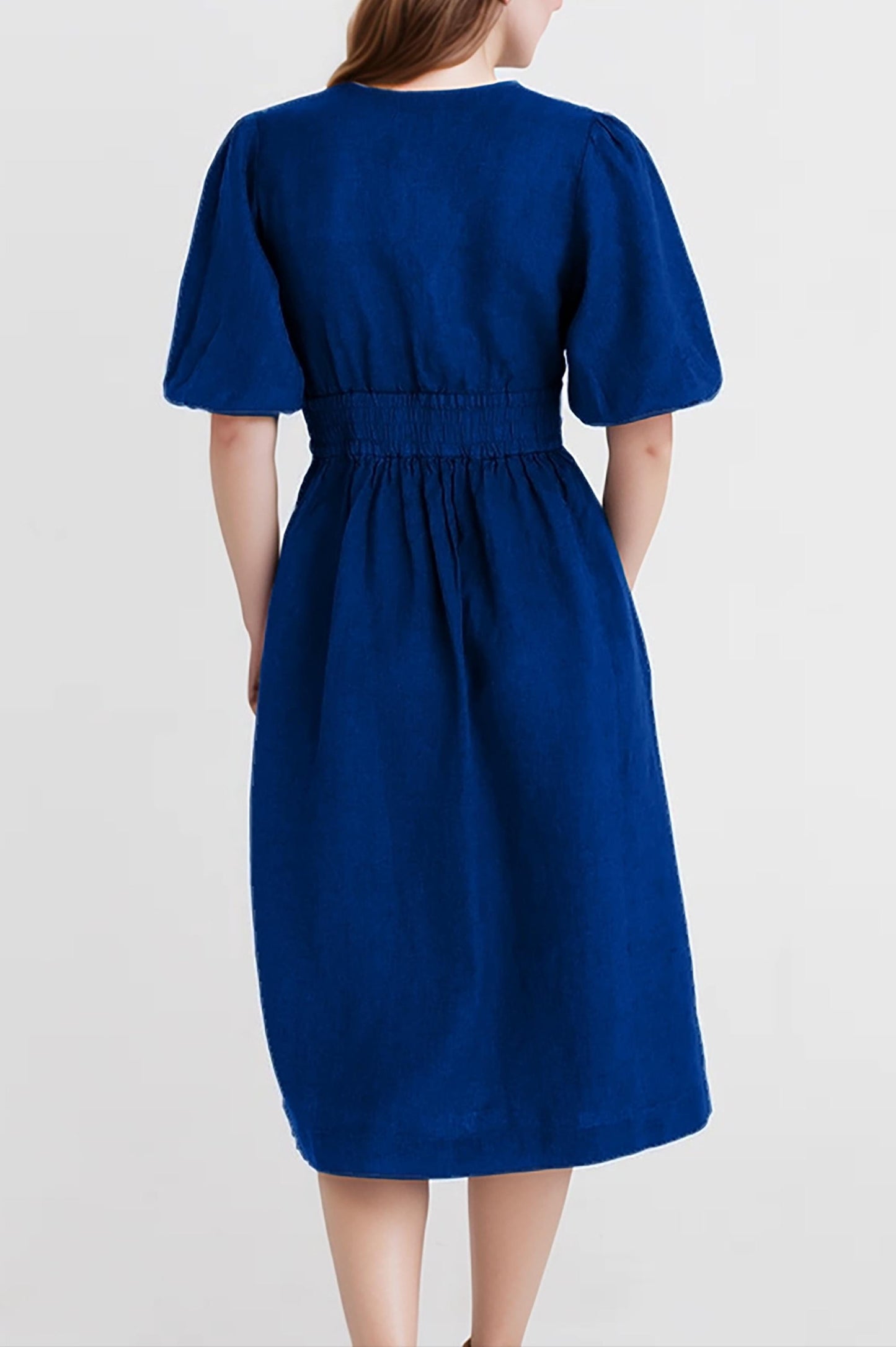 Linen Midi Dress with Puff Sleeves, Button-Front, V-Neck, Summer Casual Fit, Blue Linen Dress with Pockets | SKU.25T14T7D