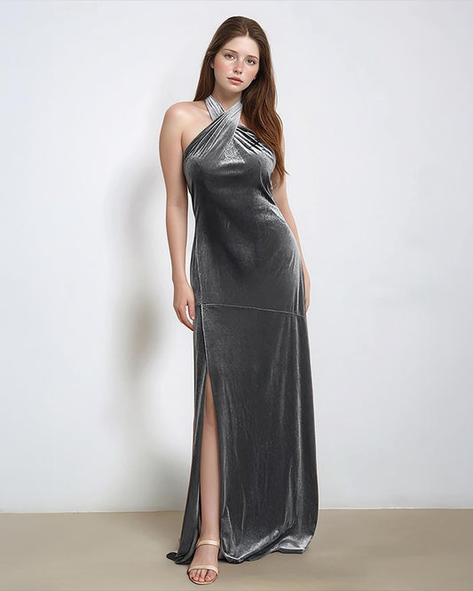 Silver Velvet Halter Neck Dress – Criss-Cross Back Long Slip Gown with Slit | SKU.25T17T4E