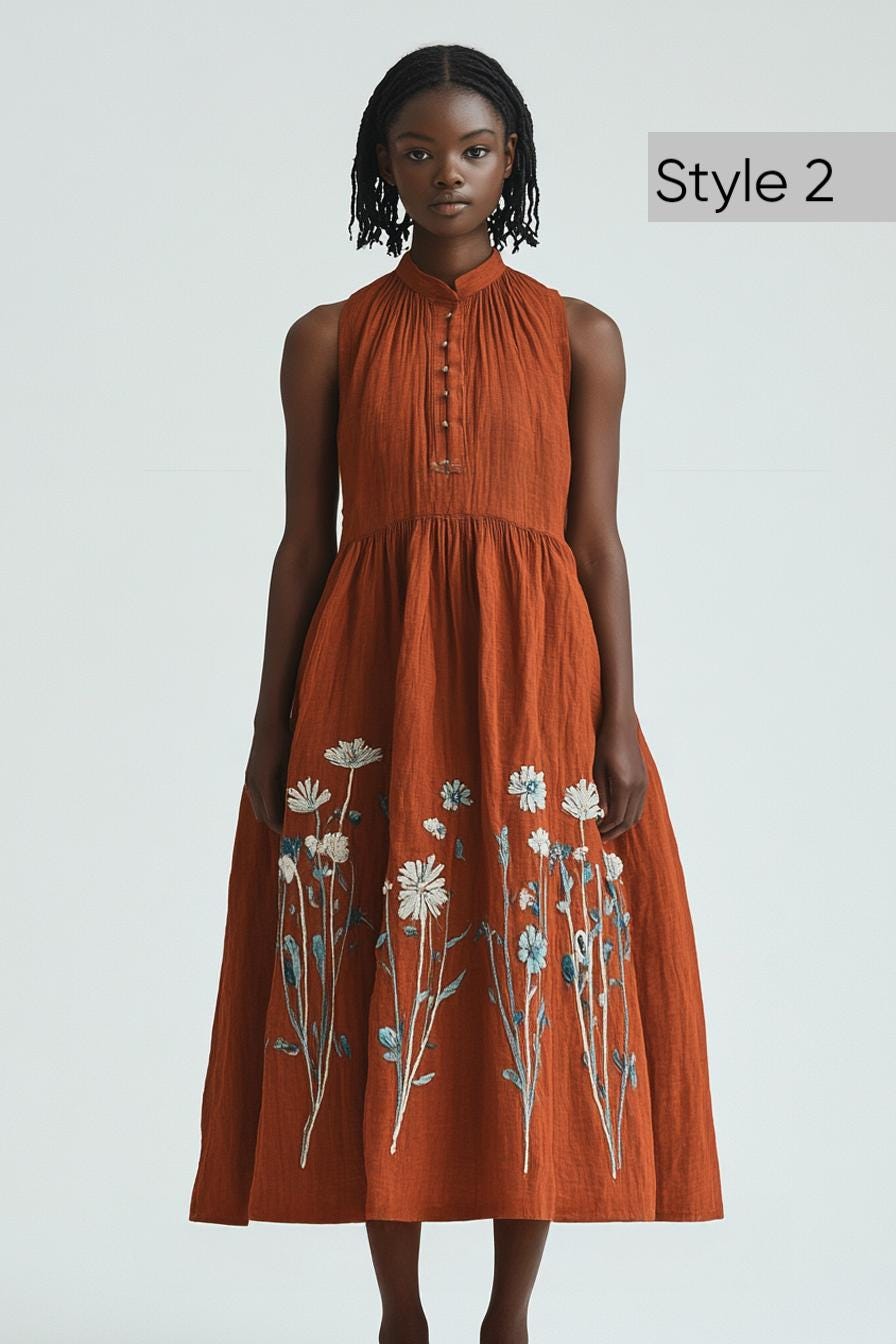 Boho Embroidered Linen Flowy Dress - Intricate Sharp Floral Embroidery, Vintage Inspired, Customizable Summer Midi Dress | SKU.25T20T3K