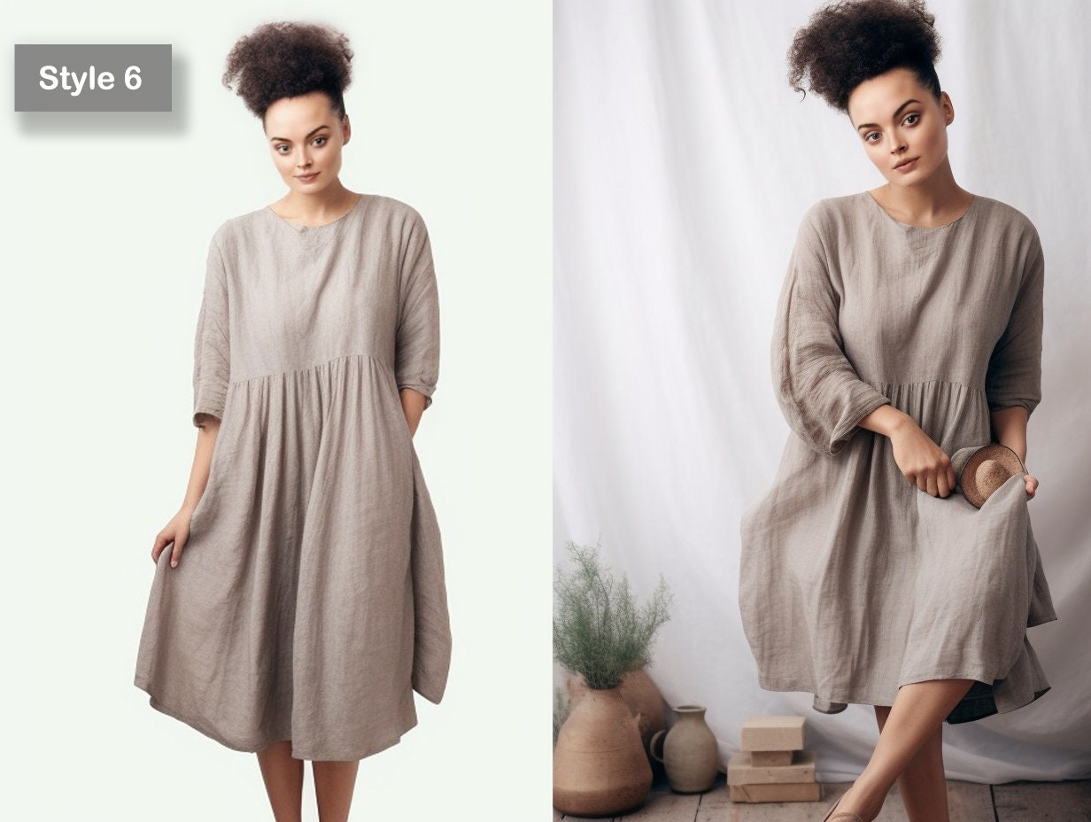 Linen Circle Dress with Pockets - Knee-Length Skater Dress - Linen Dress 3/4 Sleeves and Crew Neckline | Customizable | 230807A