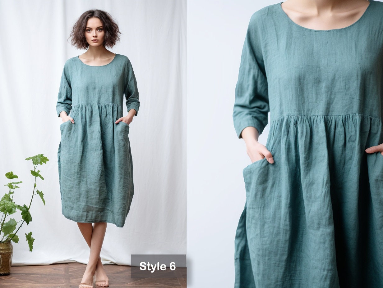 Women's Fashion for Casual Elegance | Linen Circle Dress with Pockets | Knee-Length Skater Dress | Customizable | Personalizable | 230807B