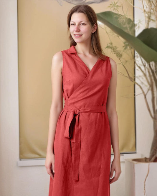 Red Linen Wrap Dress – Sleeveless Summer Midi Dress with Tie Waist | SKU.25T11T3B