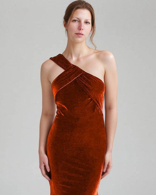Rust Velvet One-Shoulder Maxi Dress – Elegant Bridesmaid Gown with Twist Detail | SKU.25T17T6G