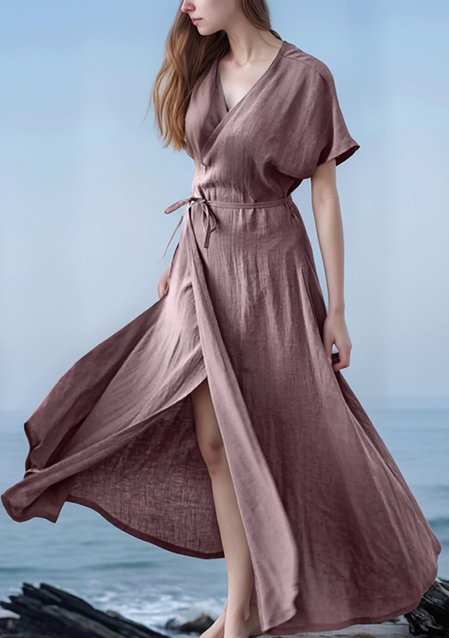 Custom Linen Wrap Maxi Dress - Elegant Long Sleeve V-Neck Dress, Flowy Fit, Made to Order | SKU.25T14T3G