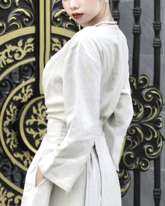 Chic Linen Midi Dress with 3/4 Sleeves, V-neck, and Customizable Features - Elevate Your Style with Personalizable Fashion | SKU.003
