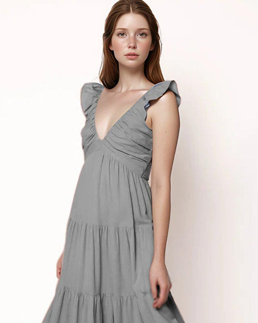 Custom Maxi Dress, Deep V Summer Dress, Sleeveless Flowy Long Dress, Boho Casual Dress, Women's Tiered Sundress| SKU.25T14T6G