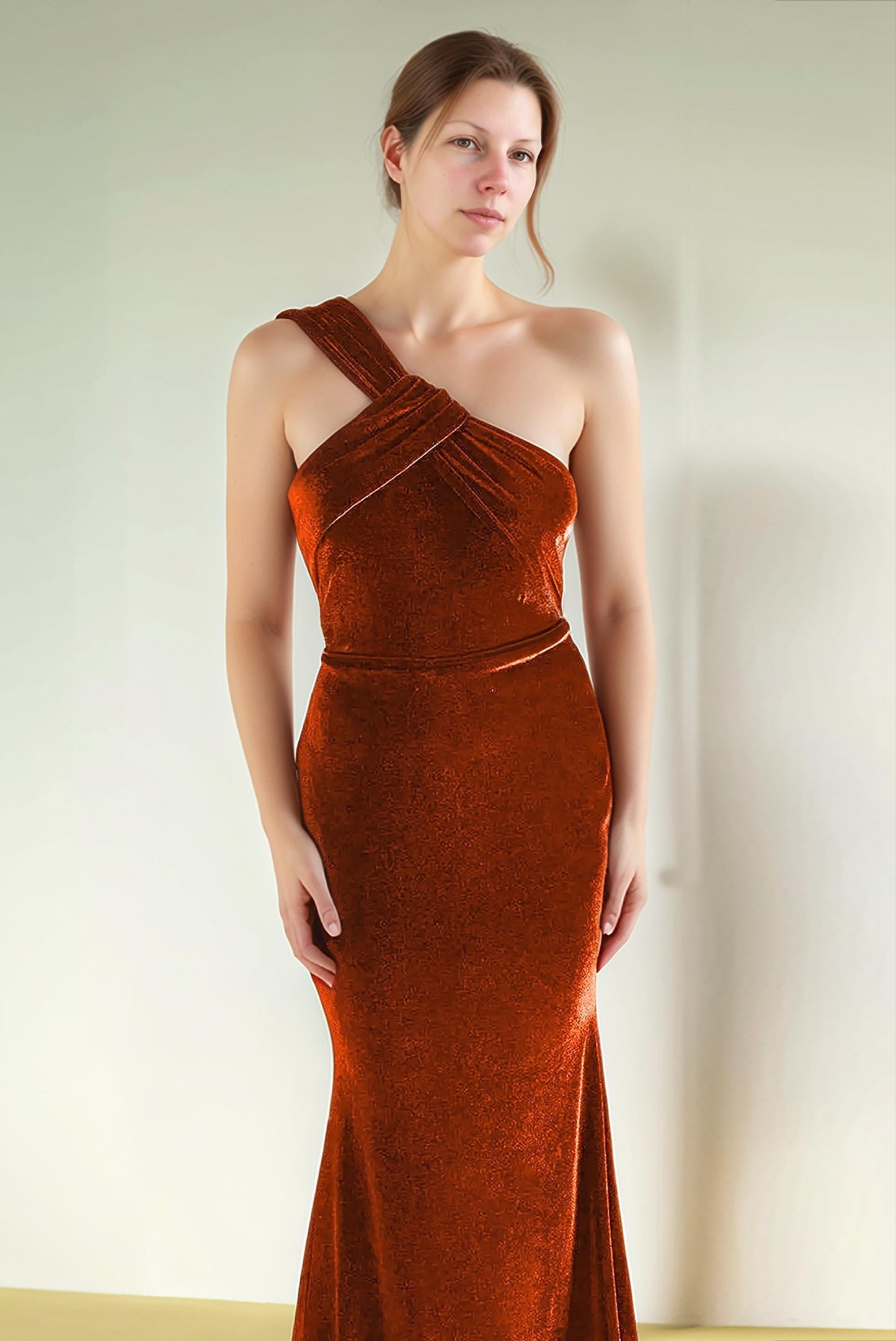 Rust Velvet One-Shoulder Maxi Dress – Elegant Bridesmaid Gown with Twist Detail | SKU.25T17T6G