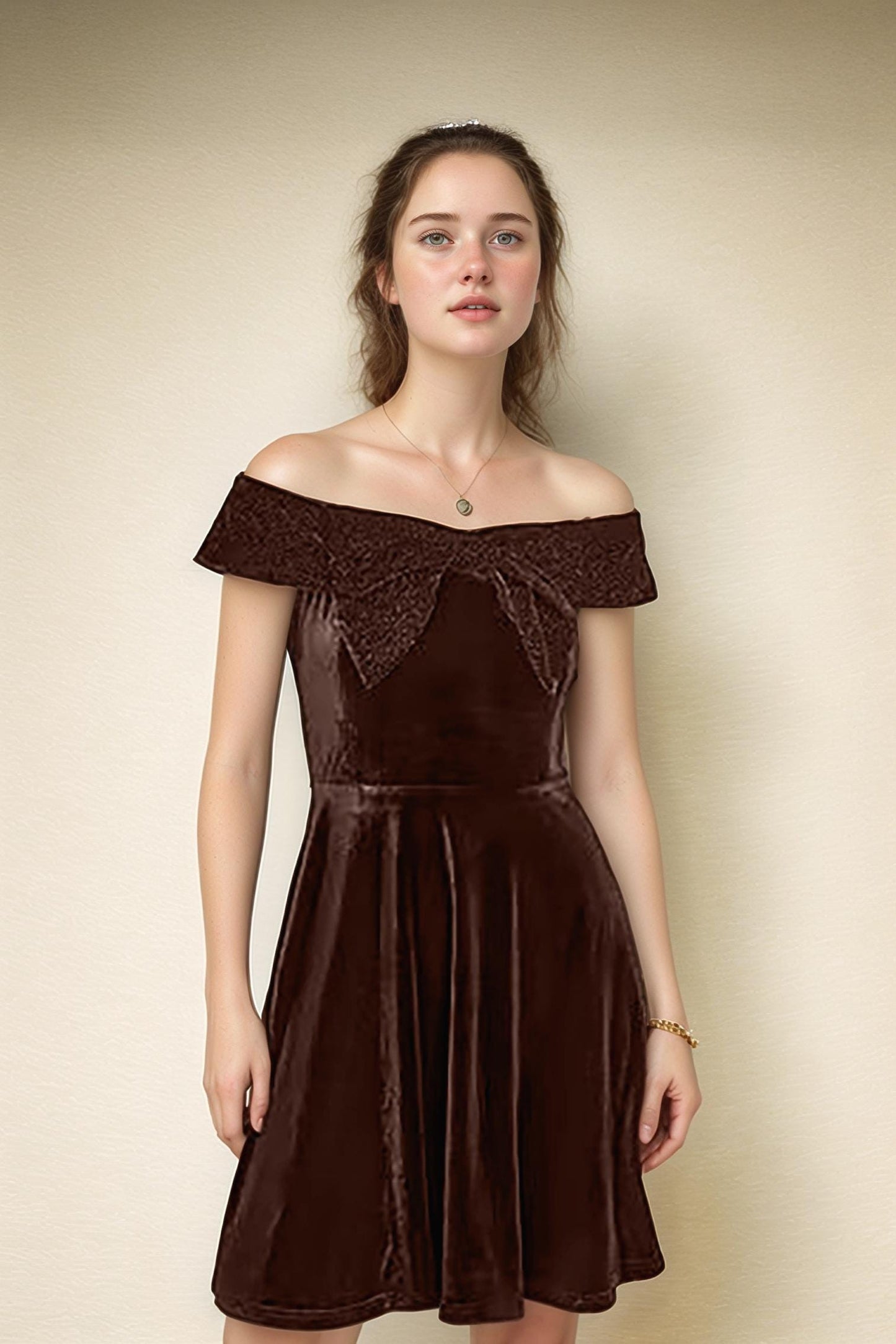Brown Velvet Off Shoulder Skater Dress – Sparkly Bow Neckline Party Dress | SKU.25T17T6D