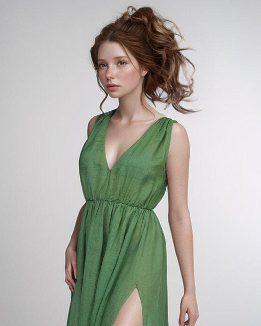 Elegant Green Linen Maxi Dress with Slit - Deep V Neck, Open Back, Summer Beach Dress, Lightweight, Custom Size | SKU.25T15T3K