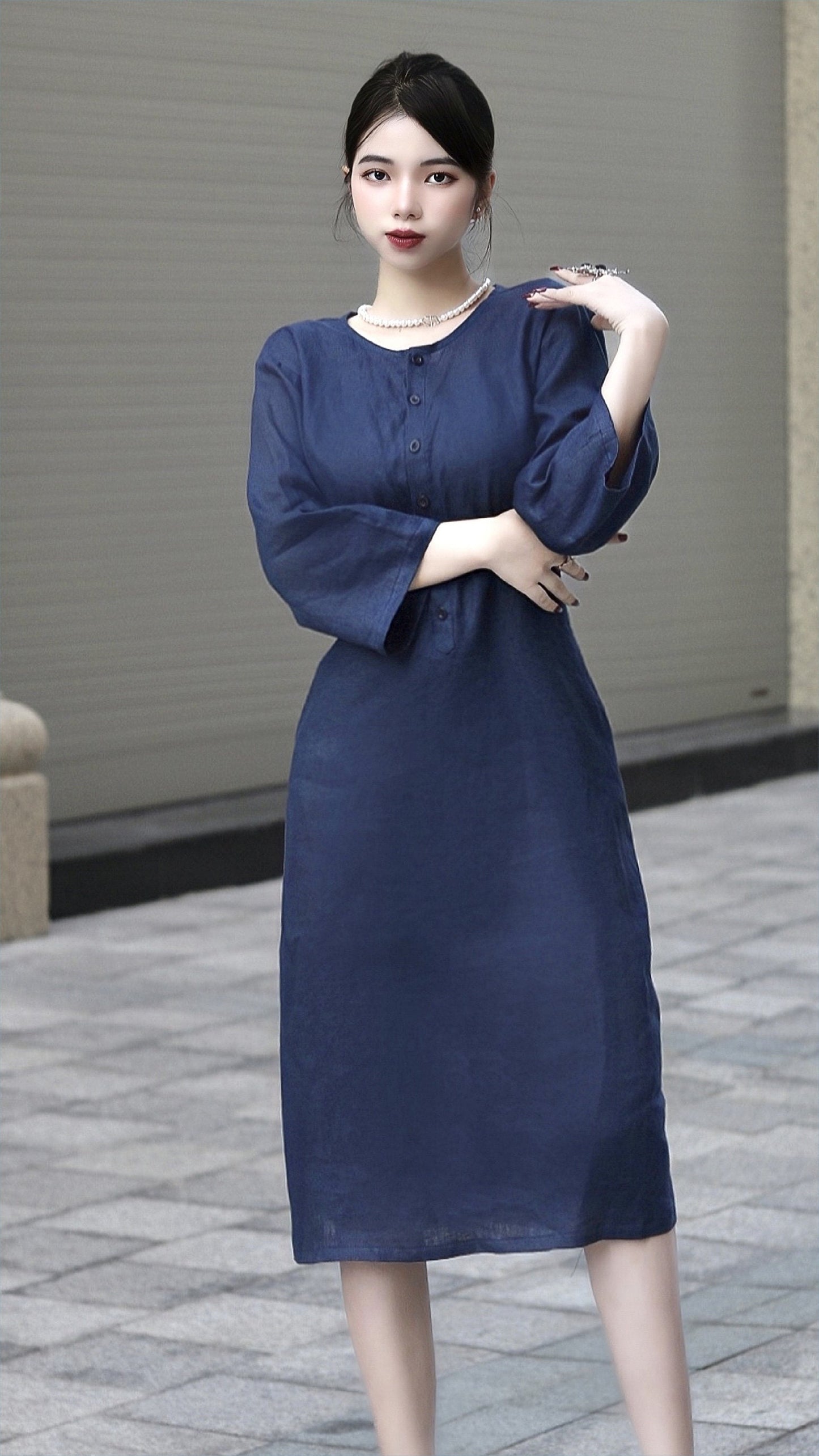 Stylish Linen Midi Dress: 3/4 Sleeves, V-neck, and Customizable Features for Elevated Personalized Fashion | SKU.004