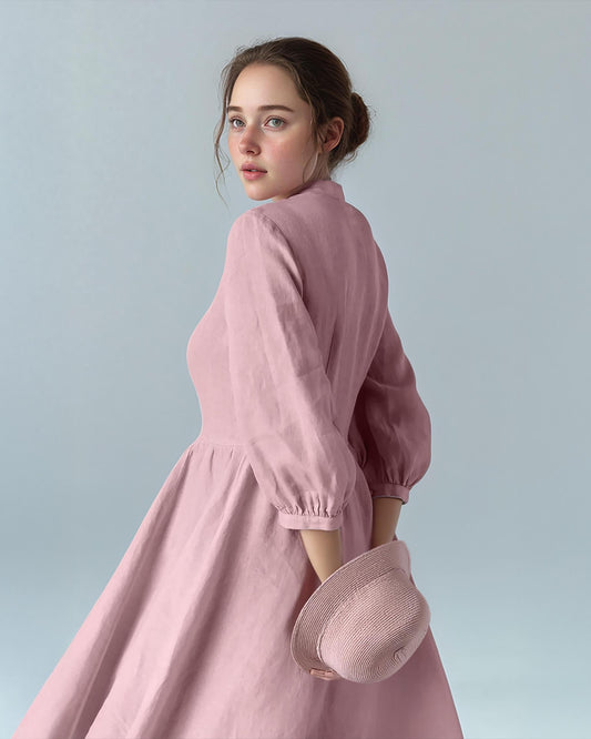 Vintage Blush Pink Linen Dress – Long Sleeve Midi Dress with Bow Tie Neck | SKU.25T11T5A