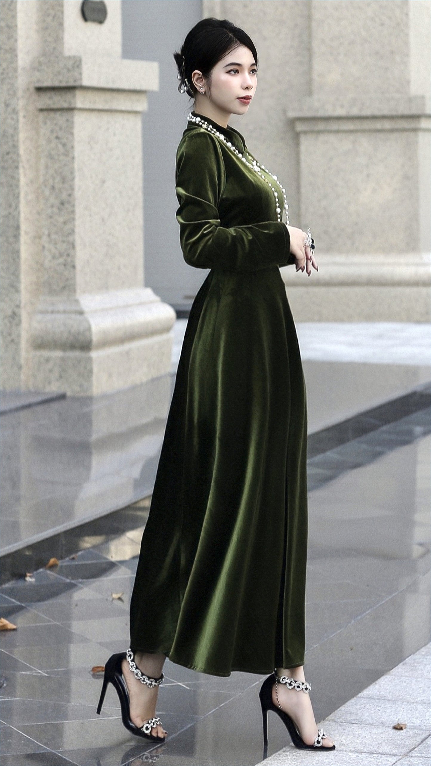 Chic Velvet Midi Dress with Long Sleeves and Turtleneck - Self-Tie Belt | Fashion for Spring and Fall | Custom Handmade Design