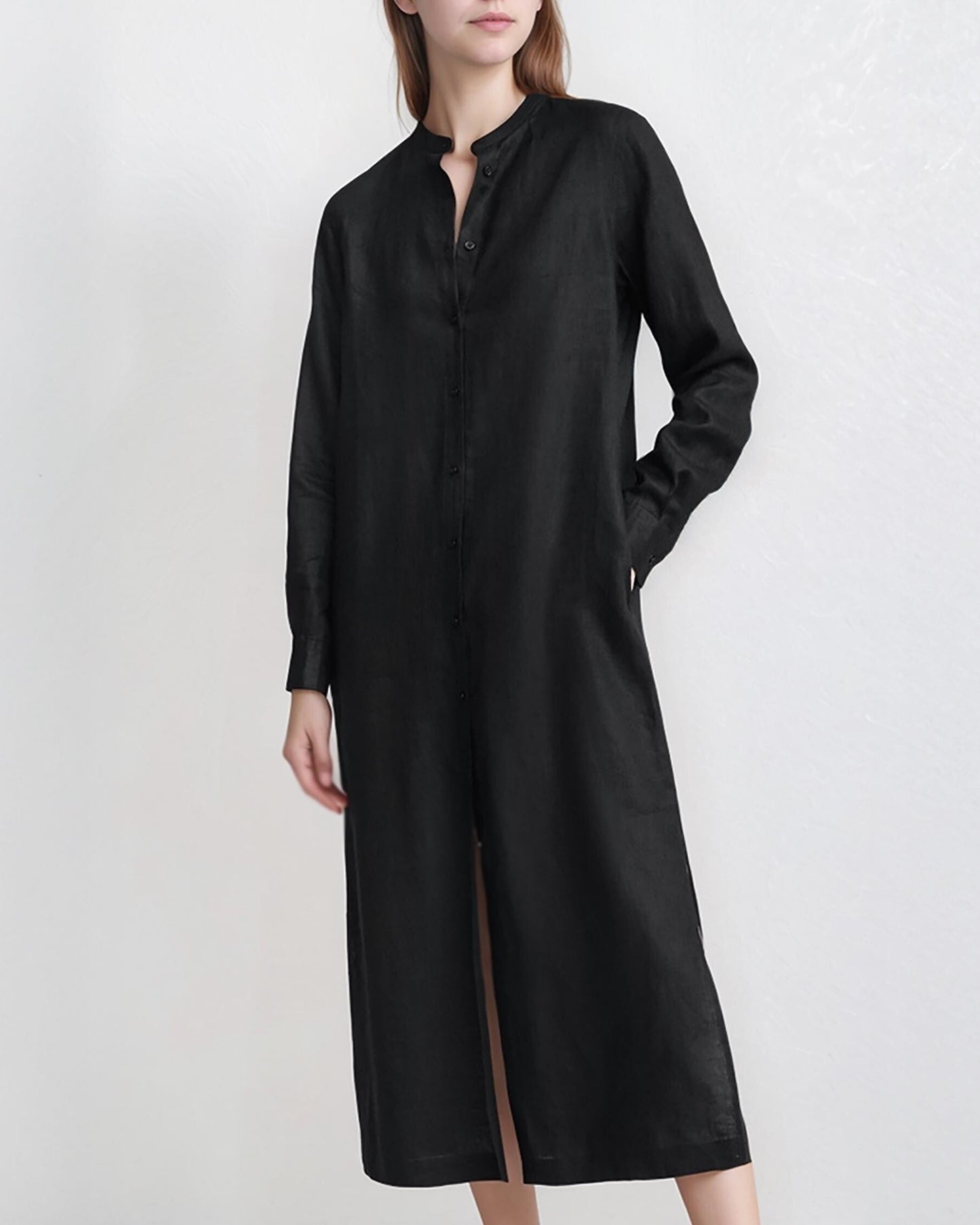 Linen Shirt Dress for Women, Long Sleeve Button Down Dress, Mandarin Collar Casual Dress, Loose Fit Linen Dress | SKU.25T15T3E
