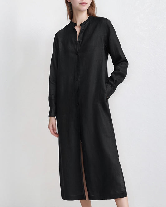 Linen Shirt Dress for Women, Long Sleeve Button Down Dress, Mandarin Collar Casual Dress, Loose Fit Linen Dress | SKU.25T15T3E
