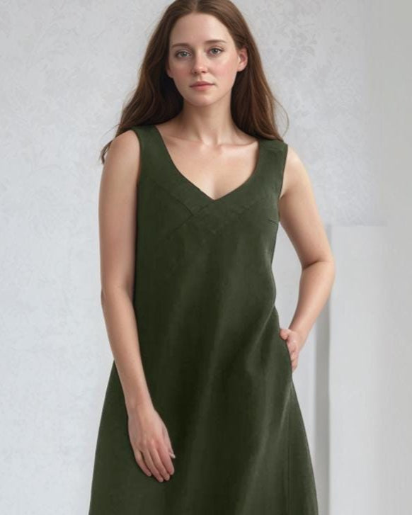 Linen Maxi Dress, Sleeveless Summer Dress, V-Neck Long Dress with Waist Tie, Elegant Flowy Women's Outfit | SKU.25T14T7M