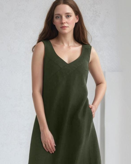 Linen Maxi Dress, Sleeveless Summer Dress, V-Neck Long Dress with Waist Tie, Elegant Flowy Women's Outfit | SKU.25T14T7M