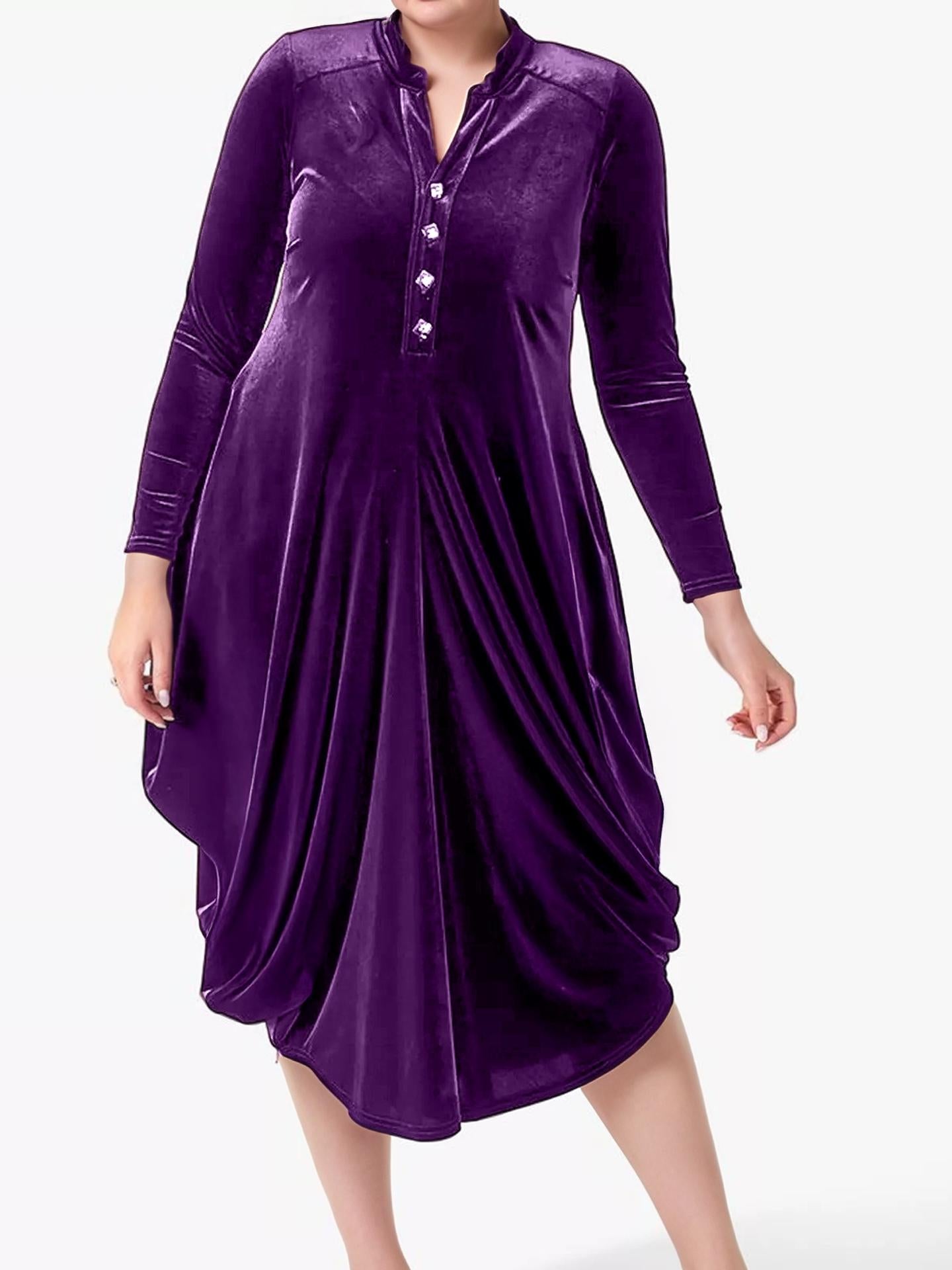 Purple Velvet Midi Dress with Asymmetrical Hem and Pockets – Long Sleeve Plus Size Party Dress | SKU.25T17T6L