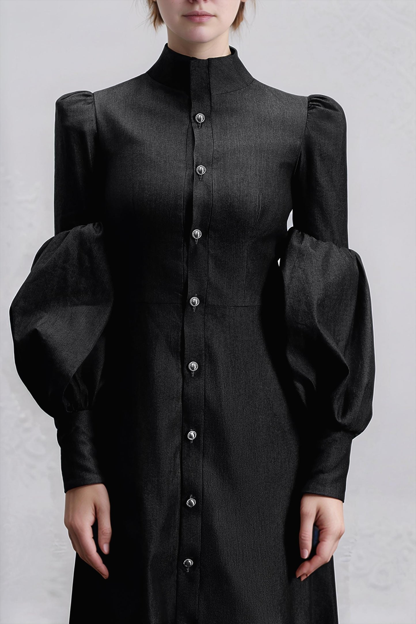 Elegant Black High Collar Maxi Dress with Puff Sleeves, Full Button Down, Elastic Linen — Custom Made | SKU.25T15T4B