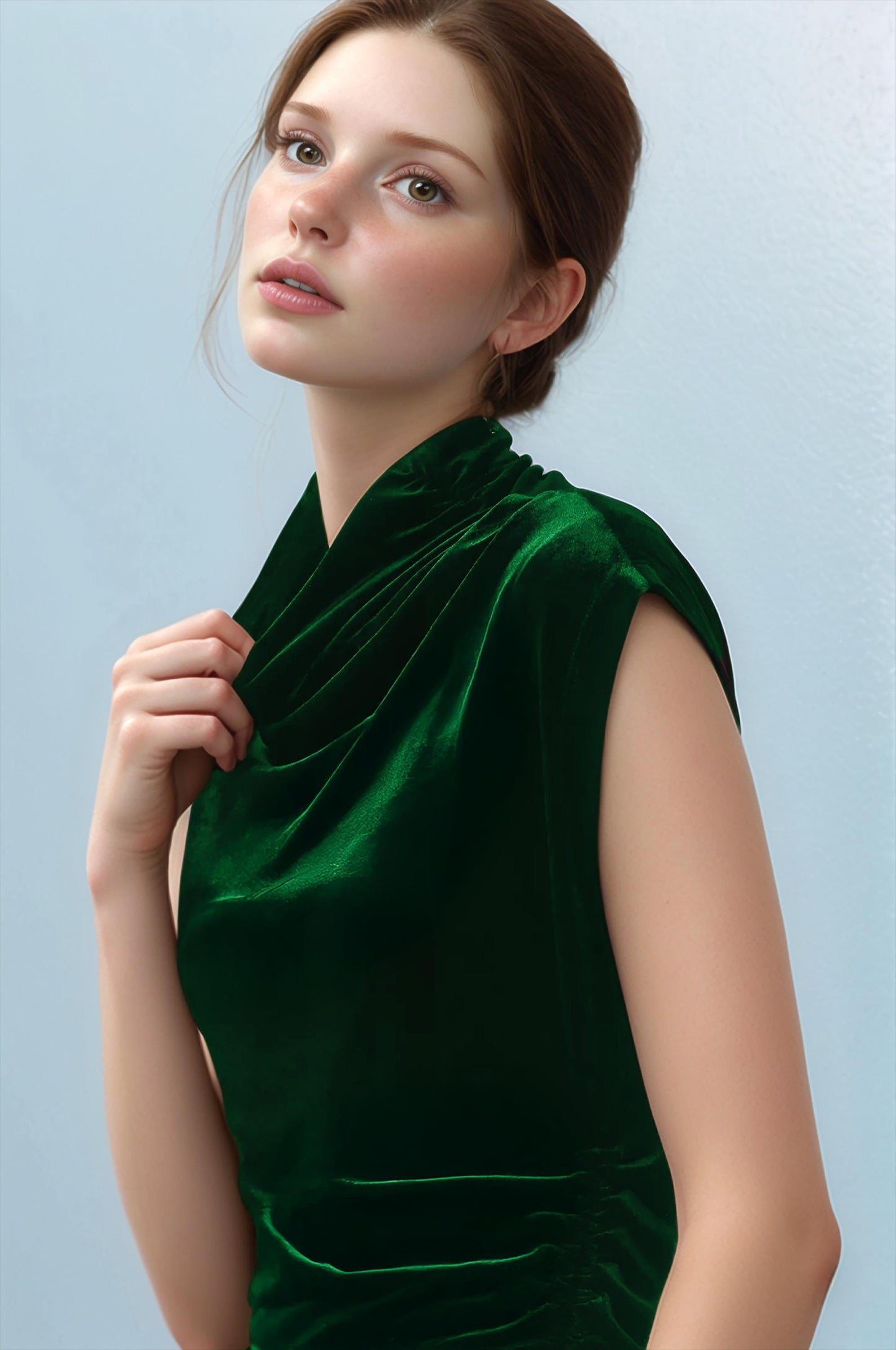 Emerald Green Velvet Midi Dress – Draped Sleeveless Gown with Side Slit | SKU.25T17T6B