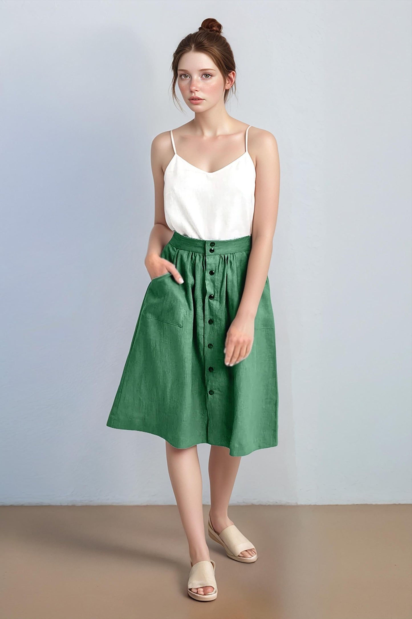 High-Waisted Button-Front Linen Skirt – Vintage A-Line Midi Skirt with Pockets| SKU.25T12T2A
