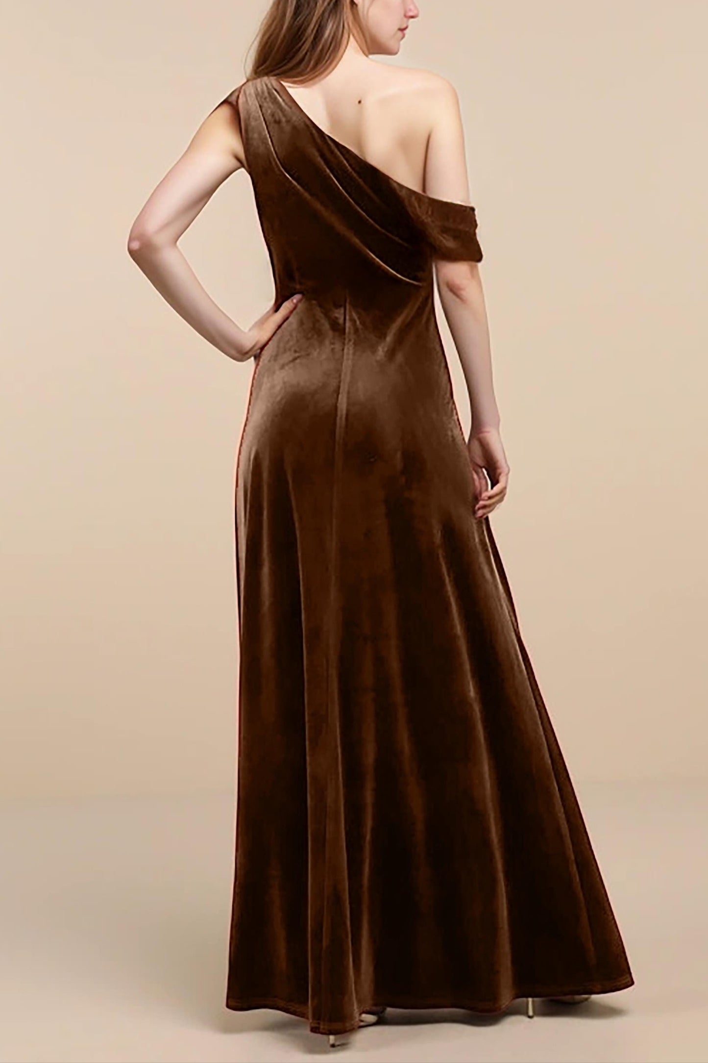 Brown Velvet One-Shoulder Maxi Dress with Slit | Formal Evening Gown | SKU.24T17T5D