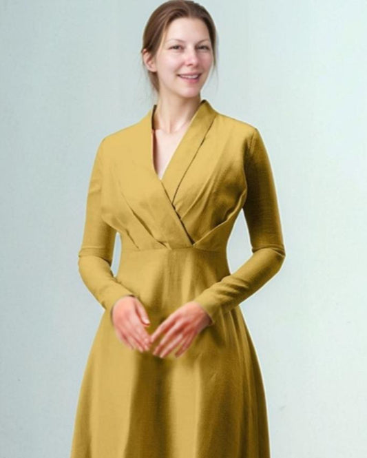Elegant Linen Maxi Dress with Long Sleeves, Wrap V-Neck, Flowy A-Line Silhouette - Custom Fit, Timeless Style | SKU.25T15T4E