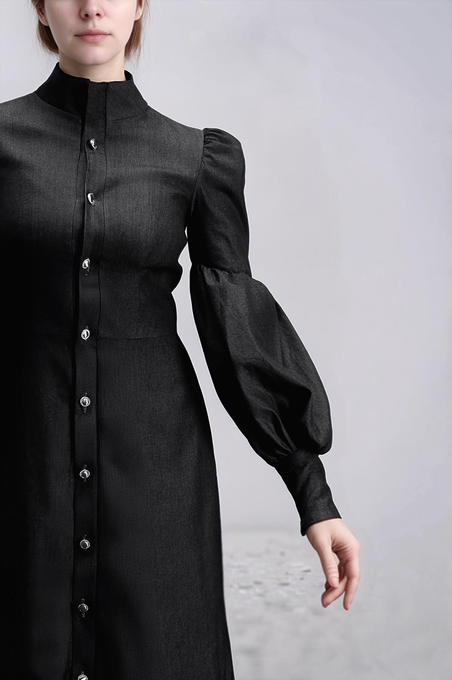 Elegant Black High Collar Maxi Dress with Puff Sleeves, Full Button Down, Elastic Linen — Custom Made | SKU.25T15T4B