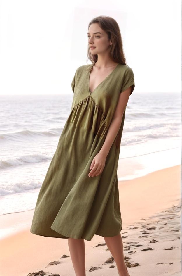 Handmade Linen Midi Dress - V-Neck Flowy Summer Dress - Casual Boho Beach Dress | SKU.241227
