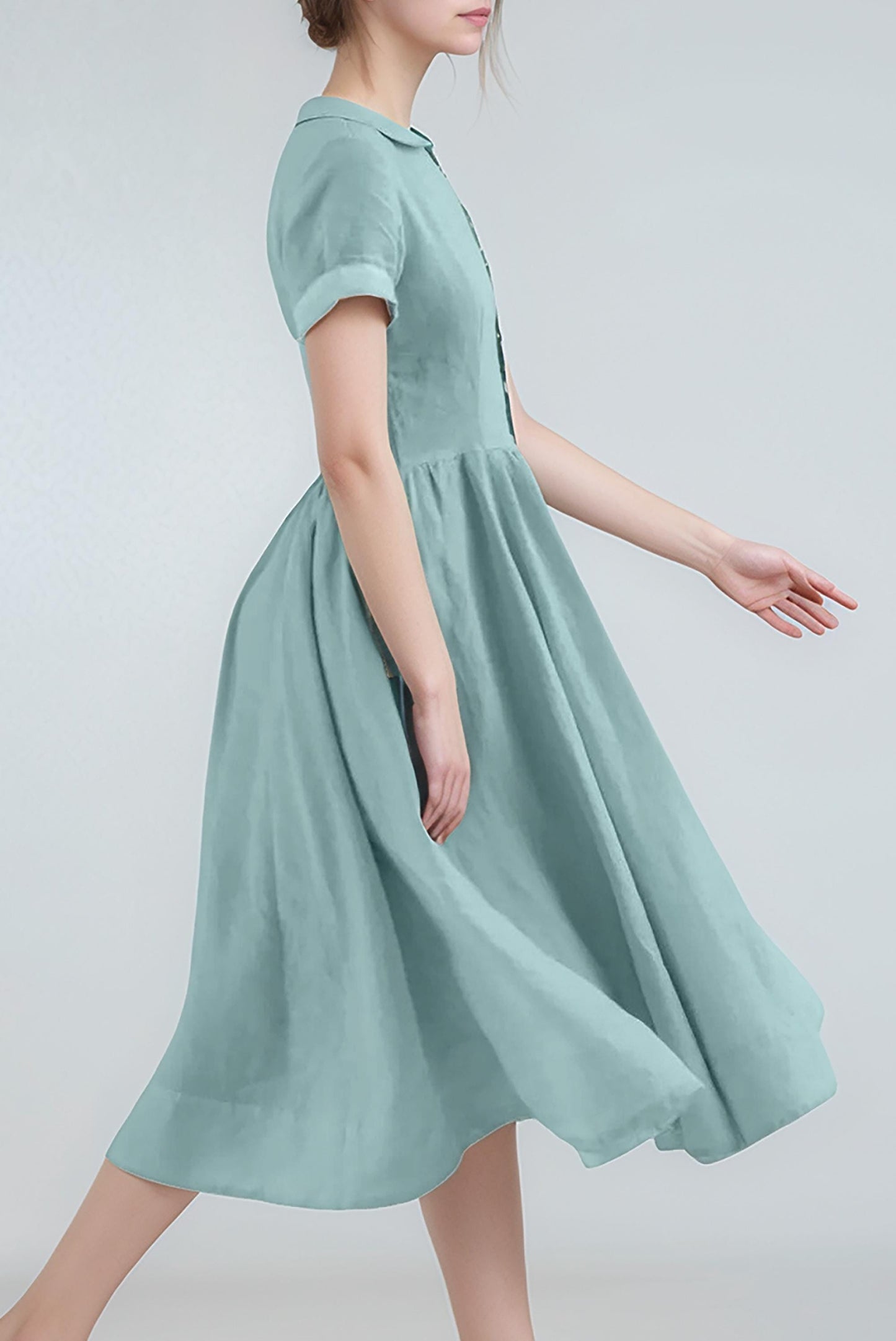 Vintage Linen Midi Dress – Peter Pan Collar Shirt Dress, Elegant Summer Dress with Short Sleeves | SKU.25T11T4I