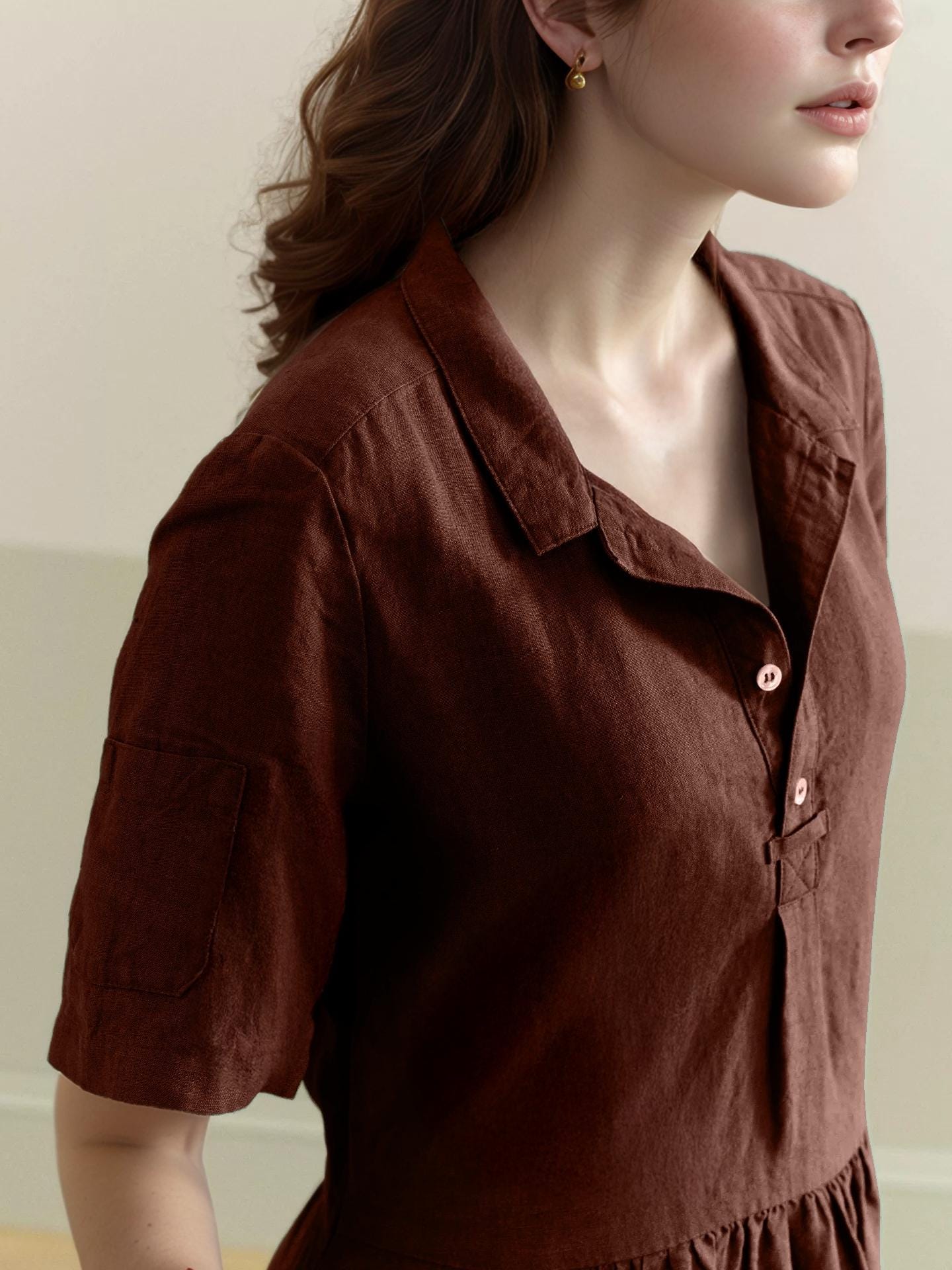 Linen Polo Midi Dress - Short Sleeve, Button Front, Relaxed Fit, Summer Casual, Pockets, Custom Sizing | SKU.25T15T4G