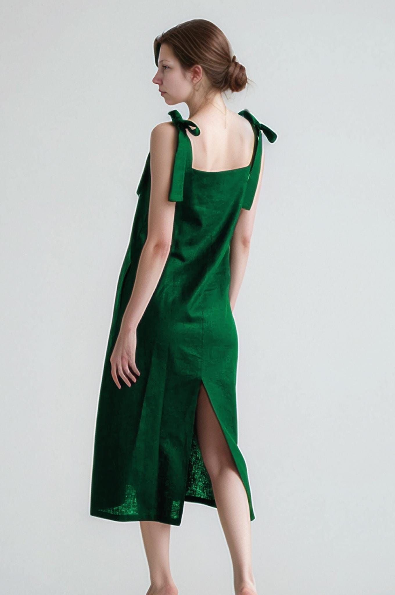 Emerald Green Linen Midi Dress | Sleeveless Bow Strap Dress for Women | Loose Fit Summer Sundress | SKU.25T11T3C