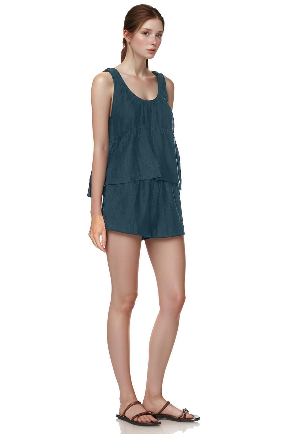 Linen Lounge Set for Women - Sleeveless Two-Piece Summer Outfit with Peplum Top and Shorts | SKU.25T22T4C