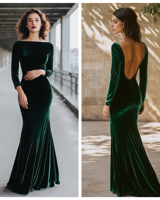 Custom Emerald Velvet Evening Gown, Boat Neck Backless Dress, Long Sleeve Luxury Formal Gown | 241028A