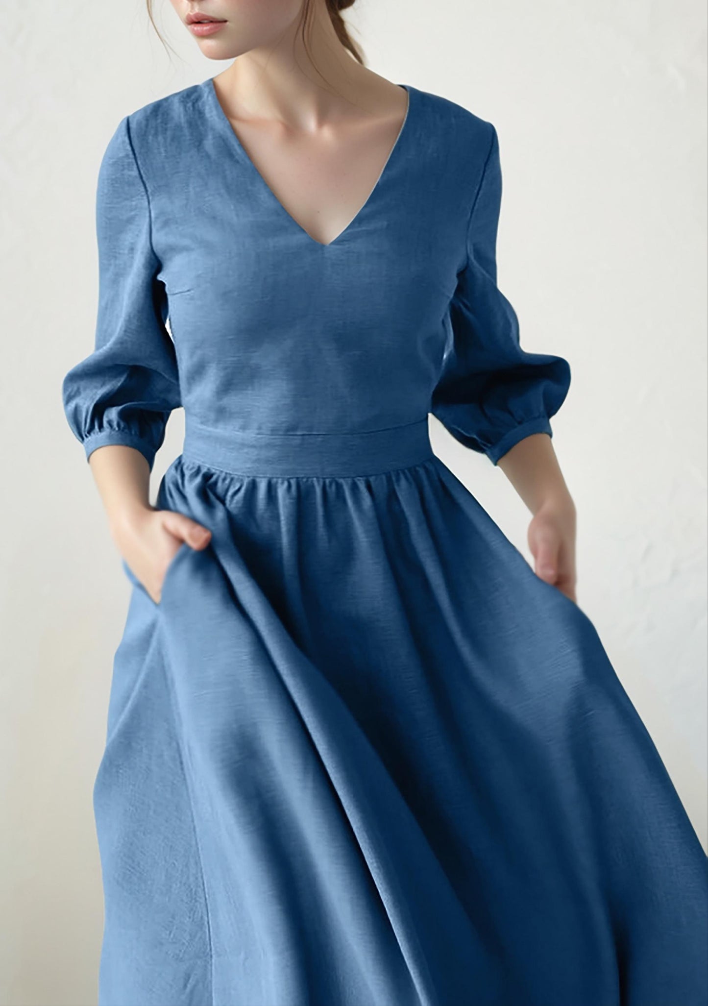 Elegant Blue Linen Midi Dress for Women – V-Neck Puff 3/4 Sleeve A-Line Dress | SKU.25T11T4C
